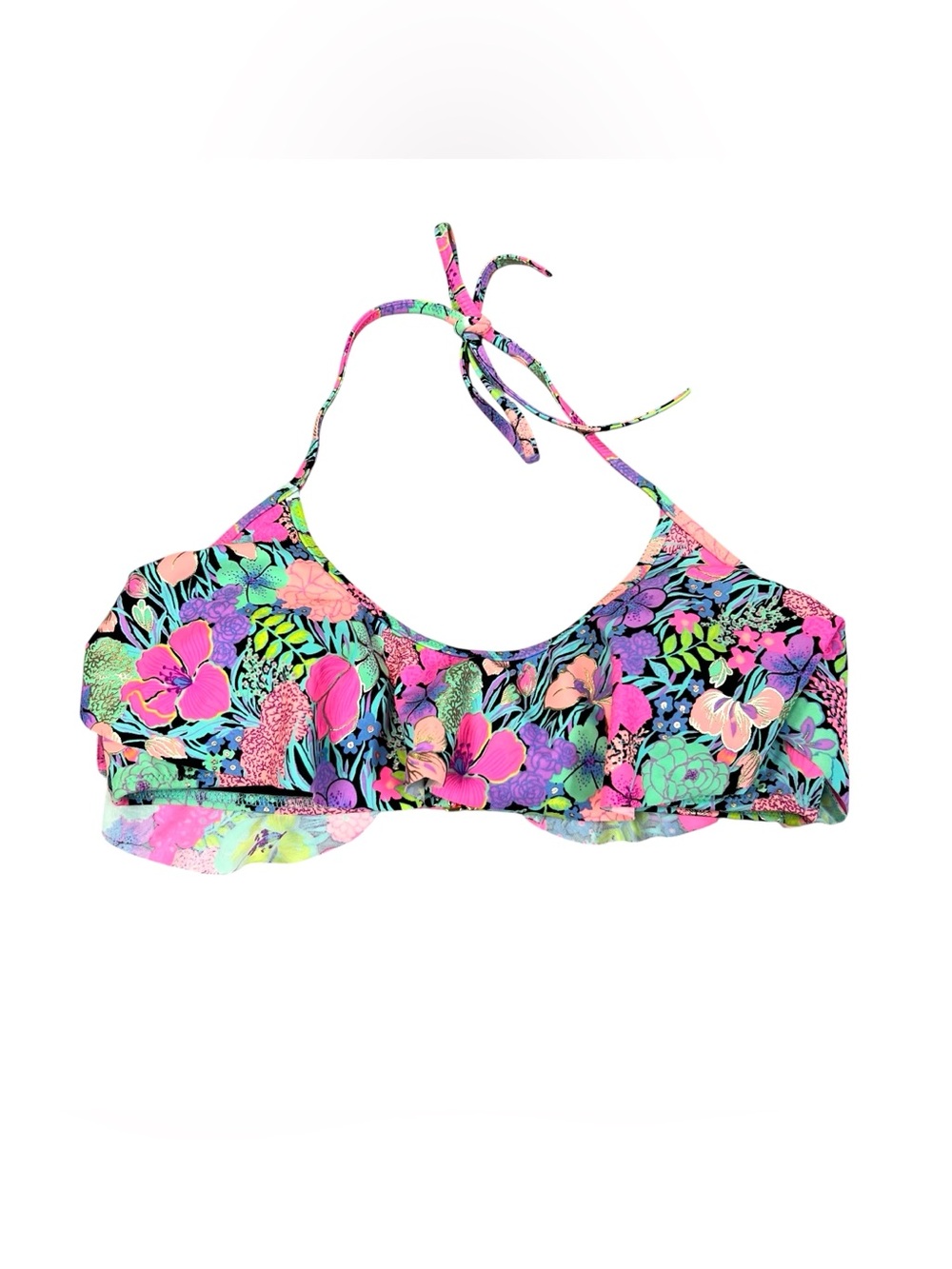 Victoria’s Secret Neon Pink Green Purple Blue Floral Bikini Top Size S Halter